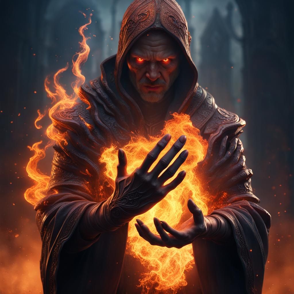 Magic User Casting Burning Hands in Detailed Matte Painting