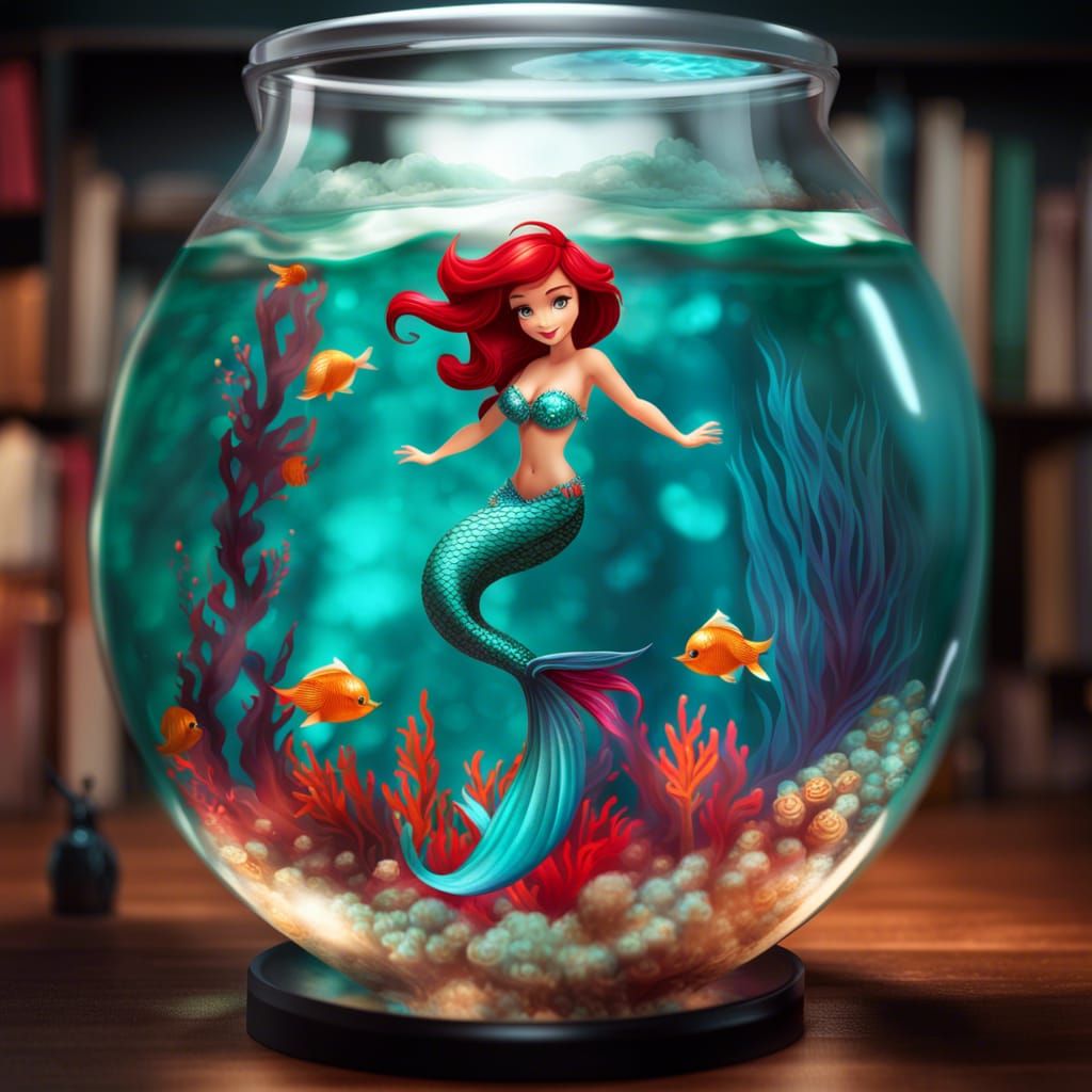 Mermaid in Fishbowl: Photorealistic Ariel-Inspired Art