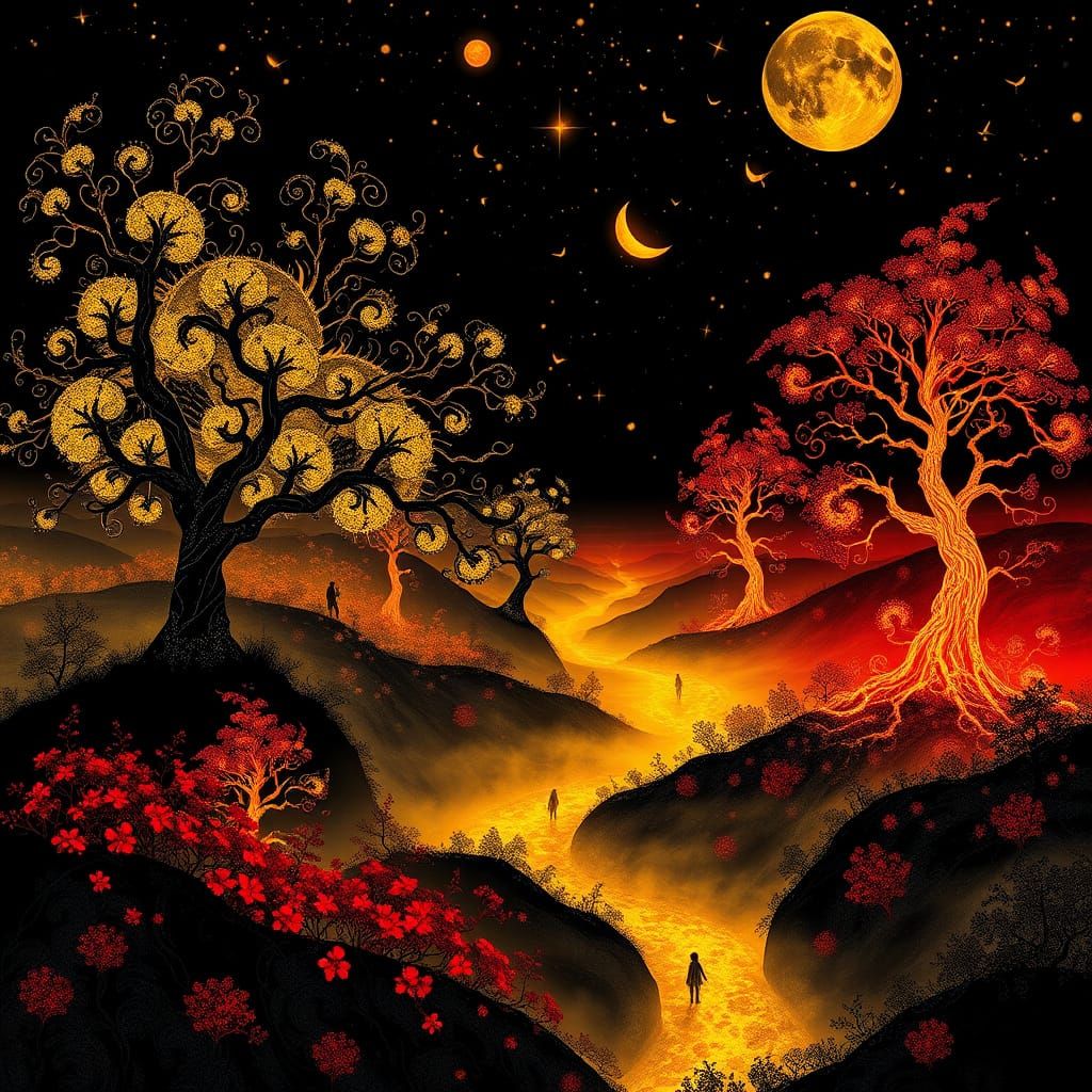 Fractal Landscape of Golden and Red Inks on Black Canvas