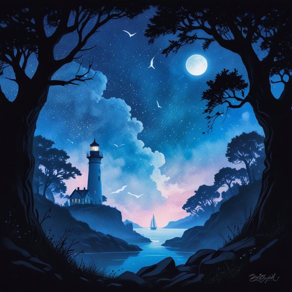 Whimsical Watercolor Lighthouse on Rocky Island