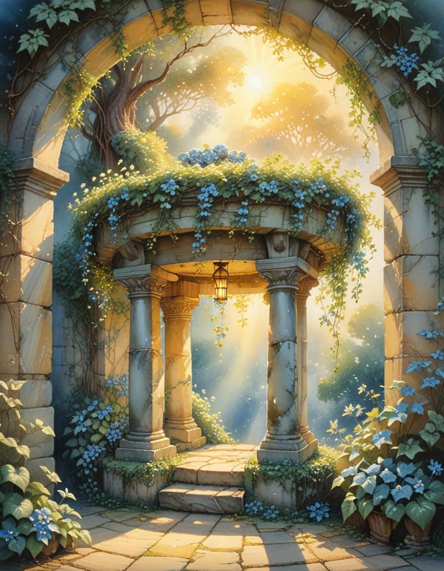 Glowing Stone Well with Blossoms in Watercolor Style