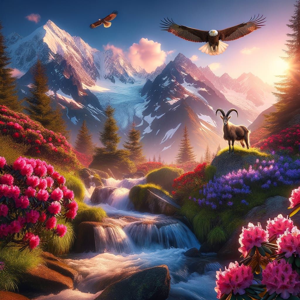 Serene Mountain Landscape with Rhododendrons and Snowy Peaks