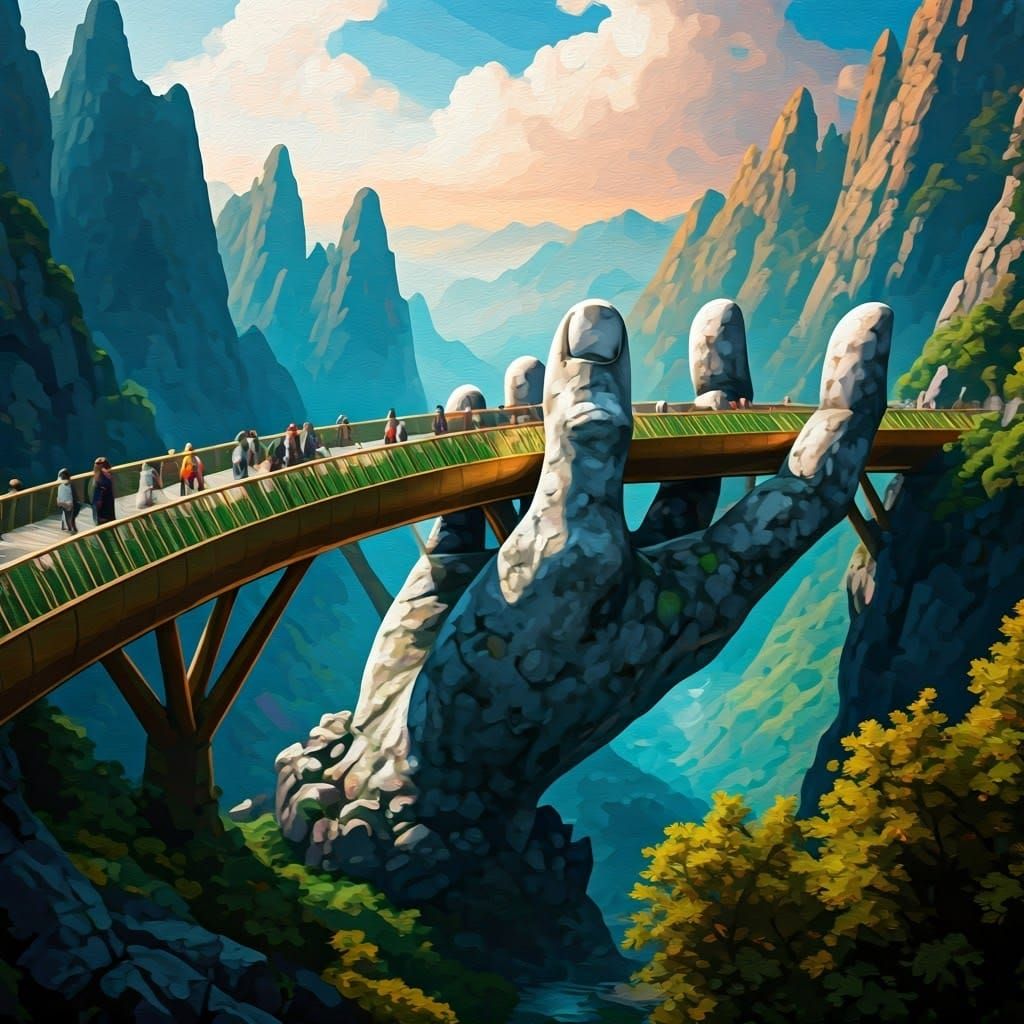 Fantasy Bridge in Textured Gouache Impasto Style