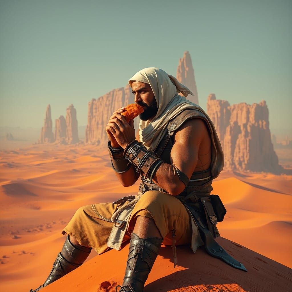 Cyberpunk Warrior Savoring Fried Chicken in a Desert Wonderl...