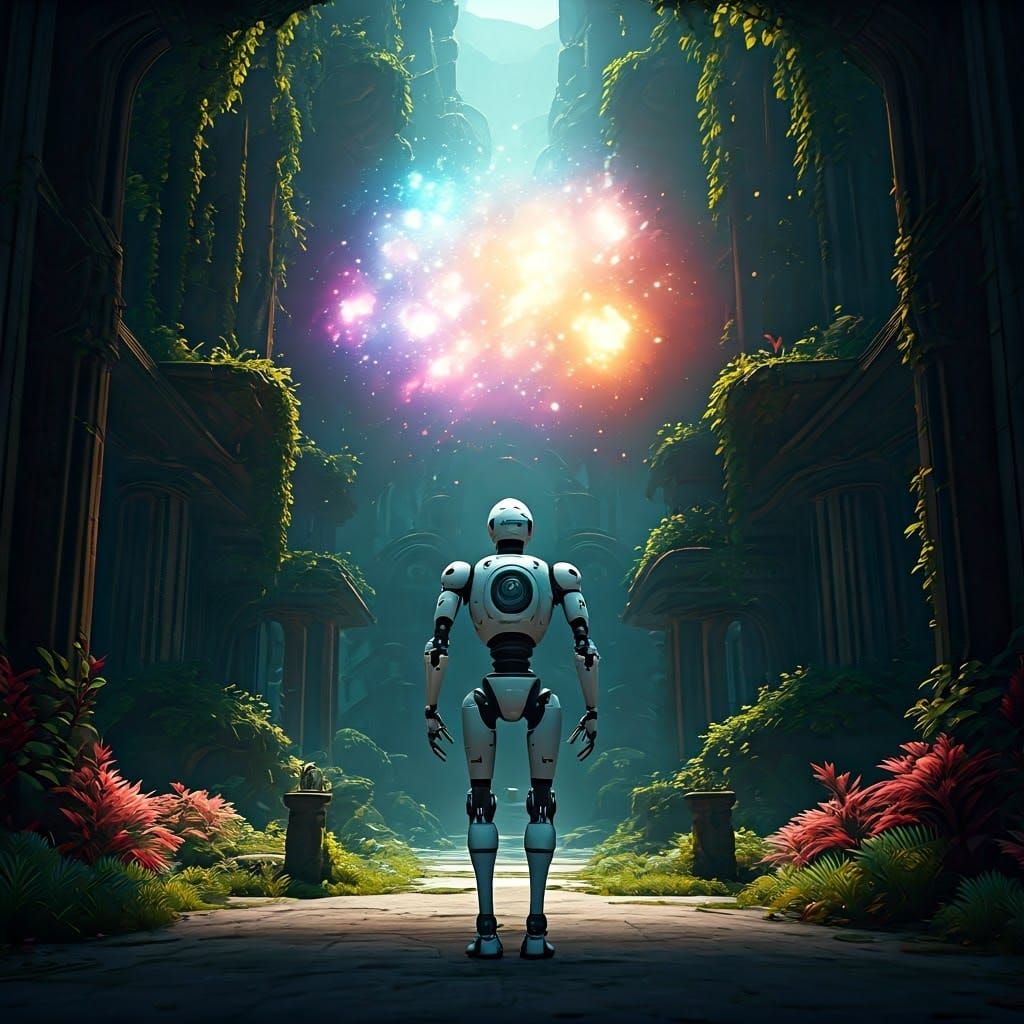 Majestic White Robot in Mystical Landscape