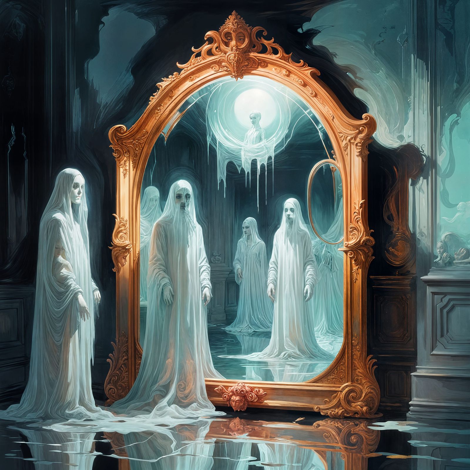 Ancient Mirror Reflecting Ghostly Figures in Gouache
