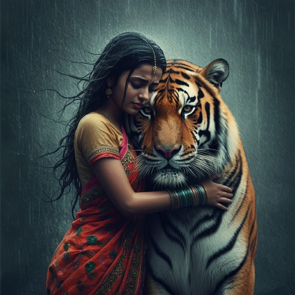 Indian Girl and Tiger Weathering Monsoon Storm in Vibrant Sa...