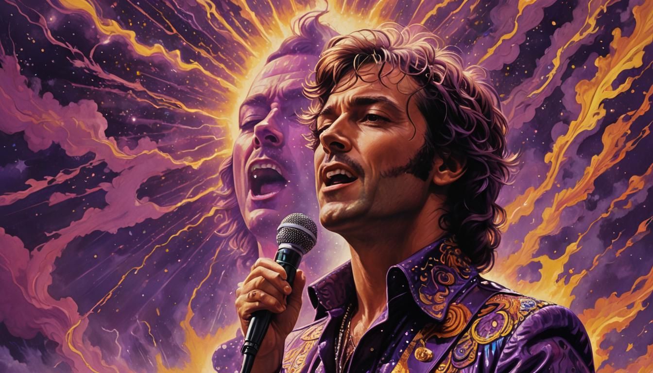 Psychedelic 70s Singer in Hyperrealistic Splash Art