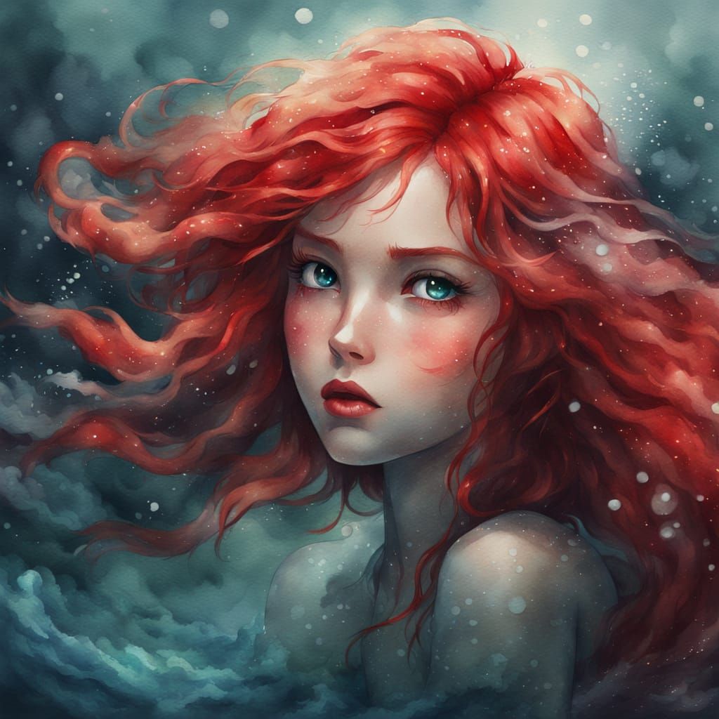 Red Haired Chibi Mermaid in Watercolor Style
