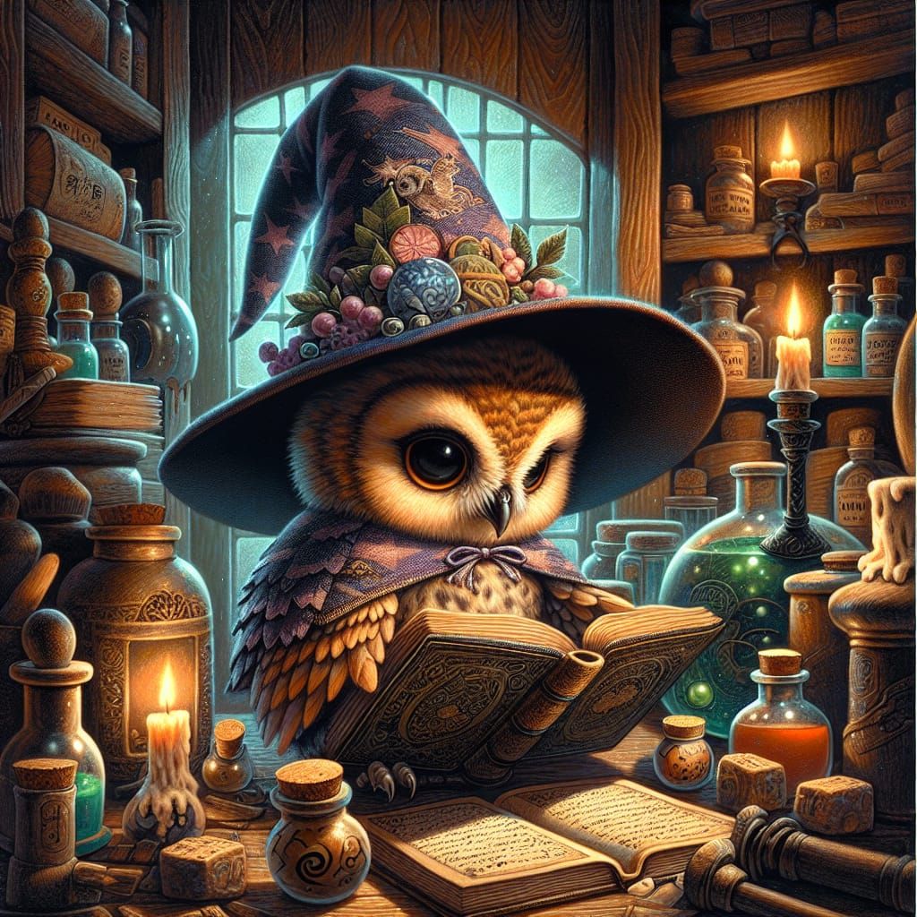 Baby Owl Witch Reads in Alchemy Lab