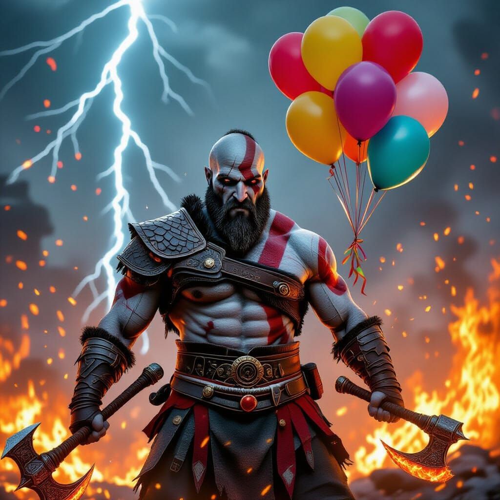 Kratos with Balloons in Fiery Lightning Storm