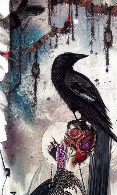 Jeweled Crow Queen: Dark Mixed Media Illustration