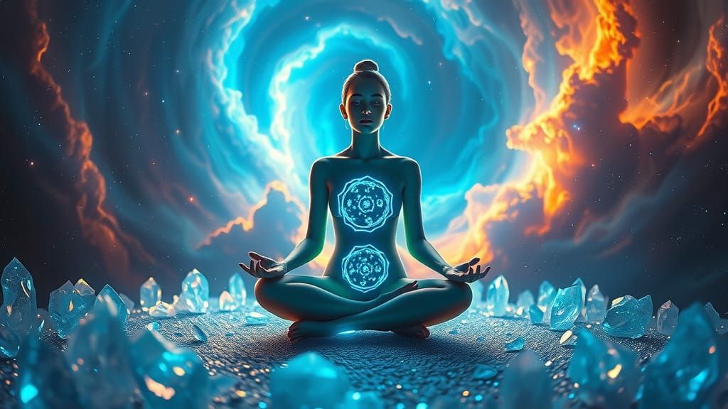 Surreal Cosmic Meditation Chamber with Ethereal Crystals and...