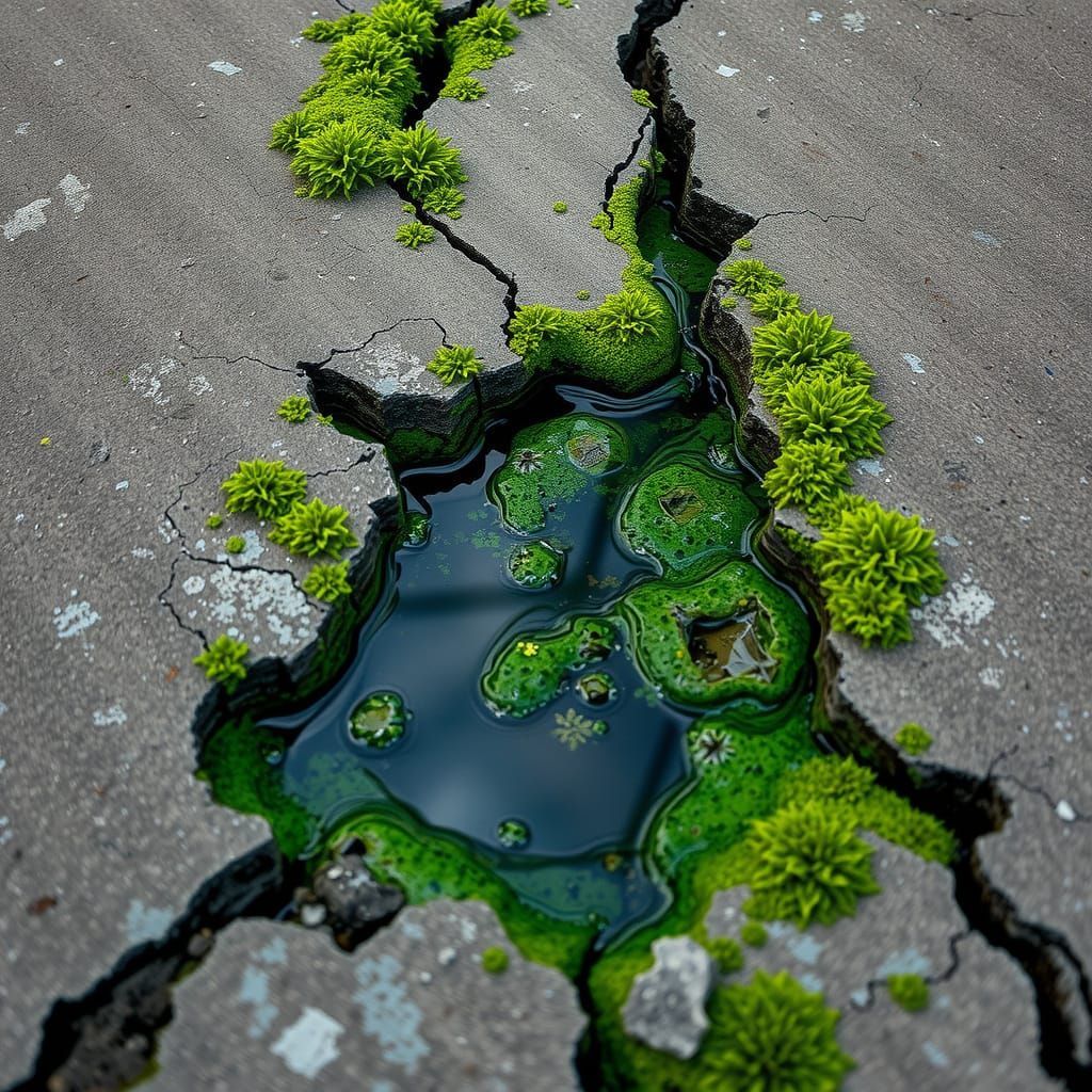 Dreamlike Ecosystem in a Sidewalk Cracked Lake
