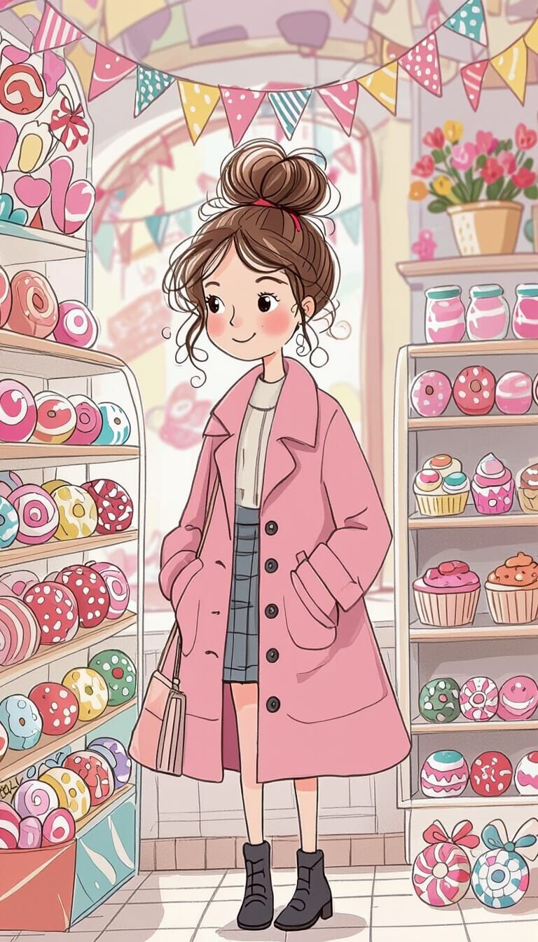 Es un dibujo digital de una joven  parada frente a un estant...