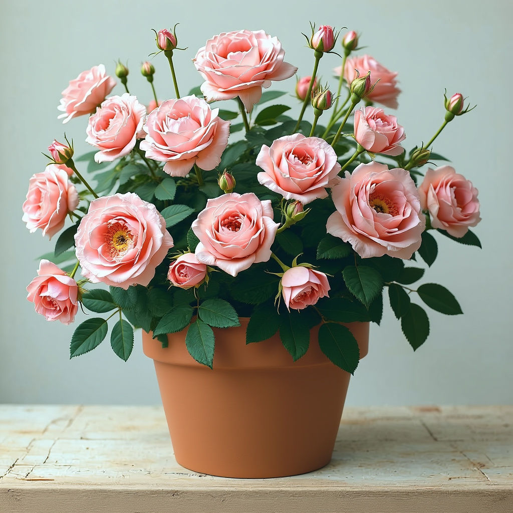 Rose Plant in Pot with Abundant Flowers