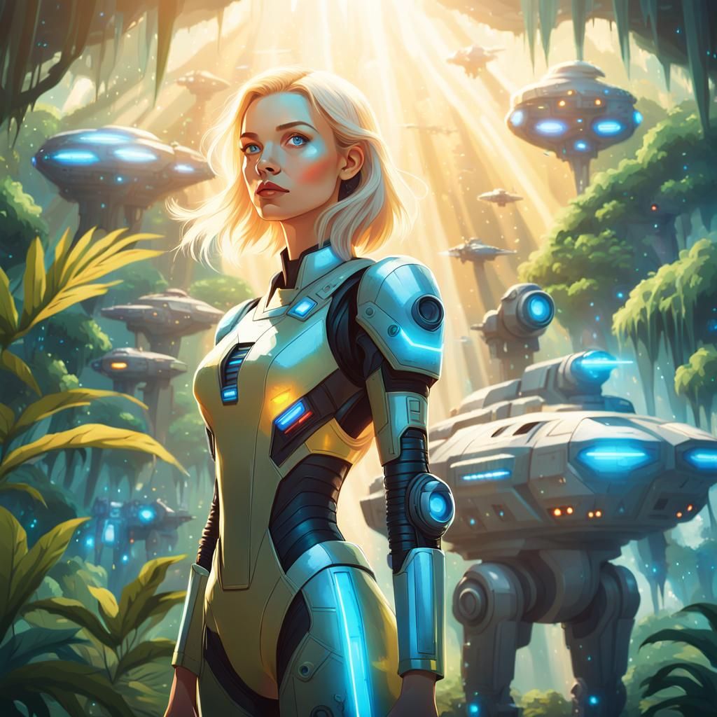 Safari Girl and Robots in Sci-Fi Jungle