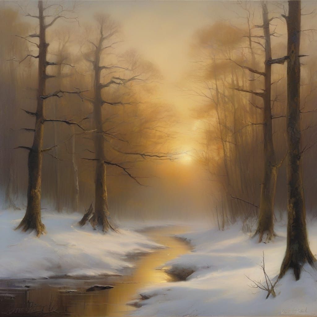 Icy Creek in Golden Dawn Light: Bierstadt-Inspired Oil