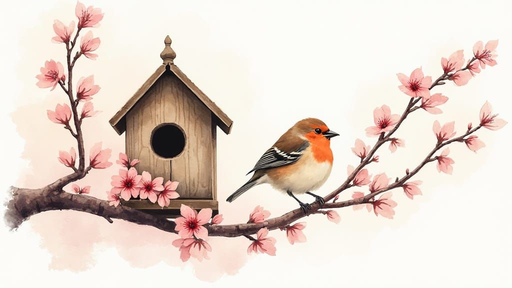 House Finch in Watercolor, Cherry Tree Birdhouse