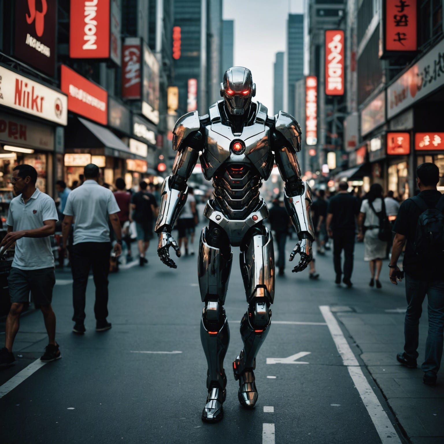 Cyborg Strides Through Cyberpunk City Street
