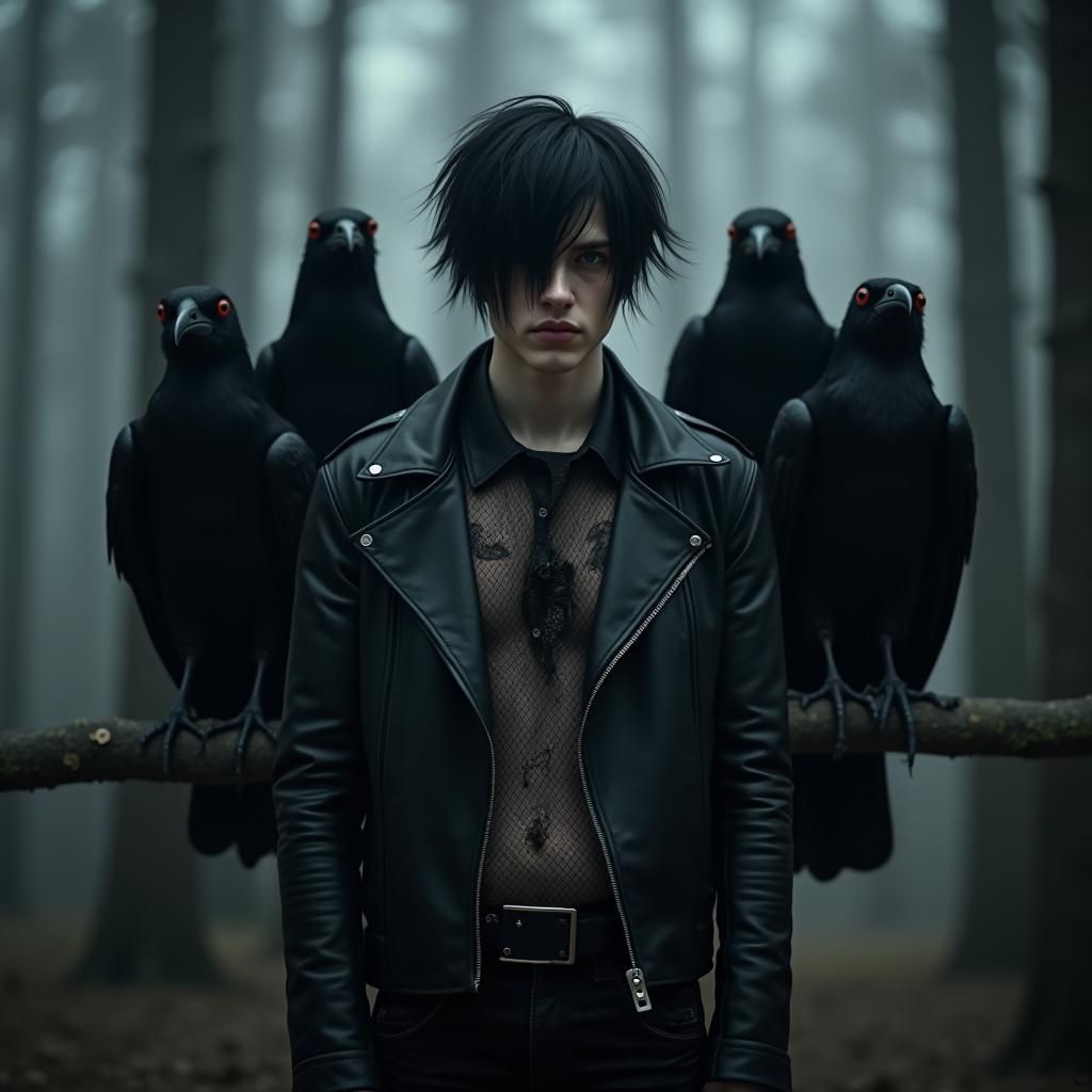 Mysterious Emo Man with Ravens in Dark Forest