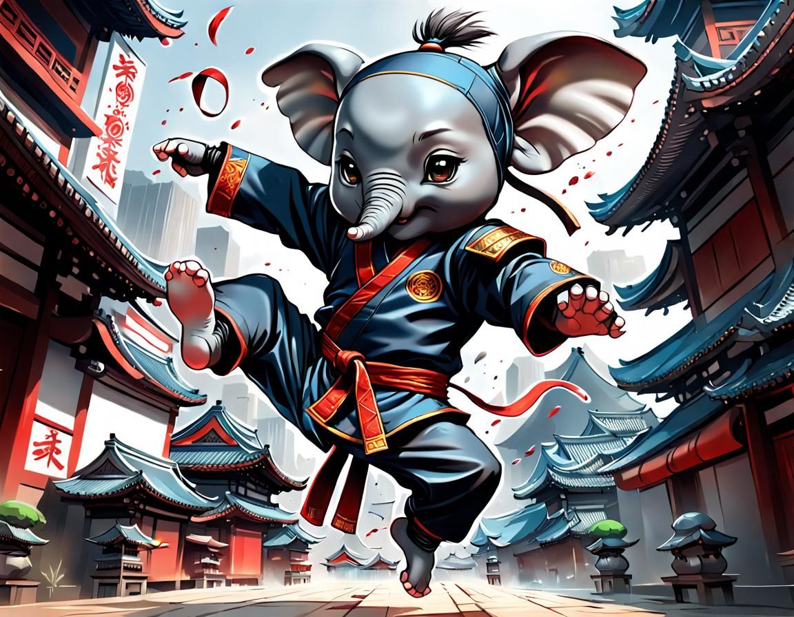 Chibi Elephant Ninja Flying Kick: Manga Illustration