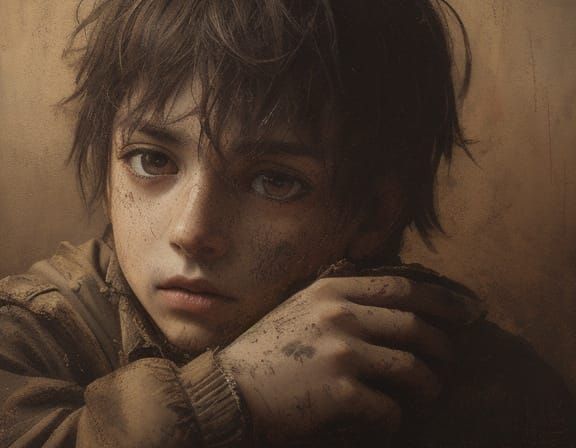 Expressive Boy with Glowing Eyes: Oil Painting