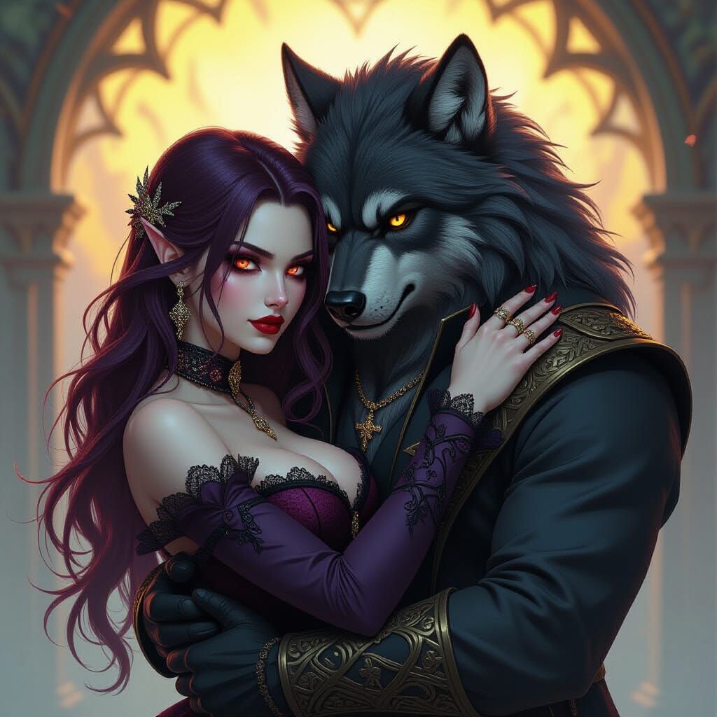 Gothic Vampire and Werewolf Embrace in Dark Fantasy Art