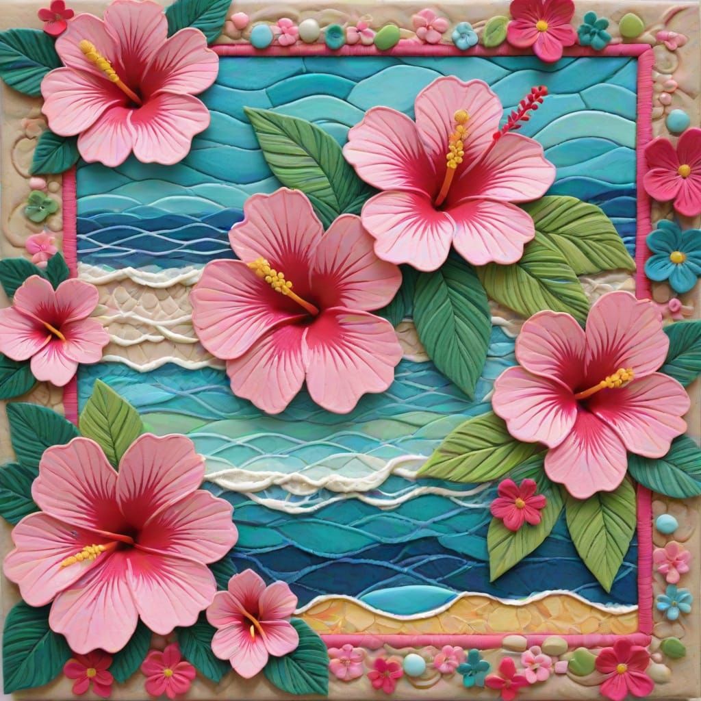 Vibrant Pink Hibiscus Blooms in Folk Art Style Collage