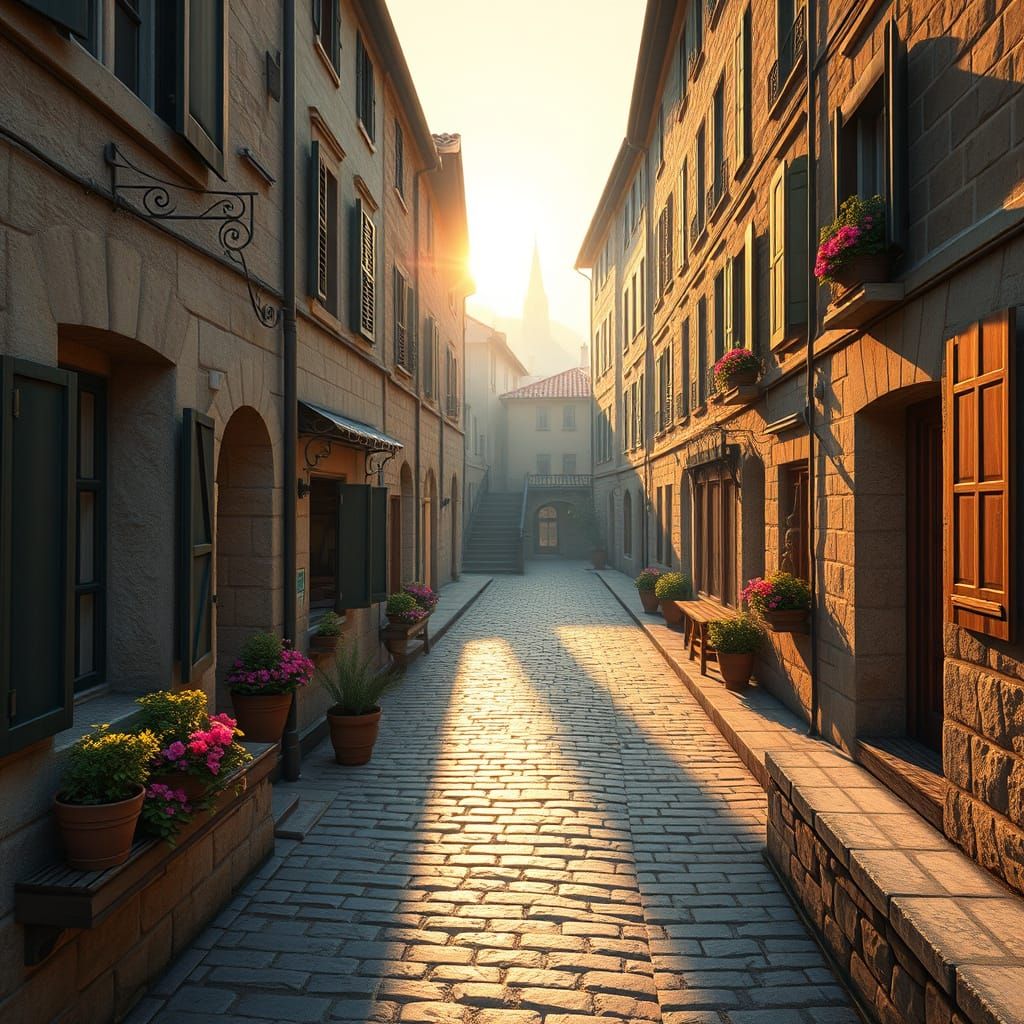 Whimsical European Village Square at Dawn
