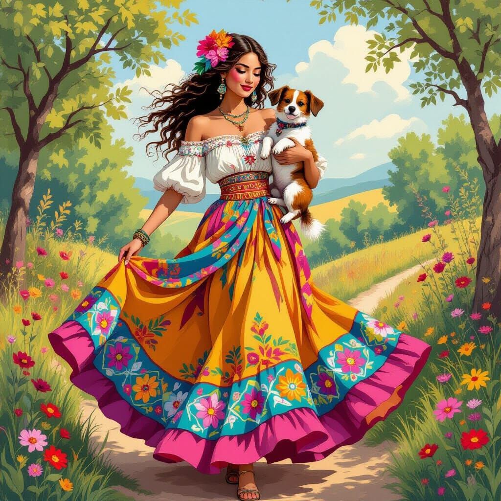 Whimsical Gypsy Woman with Dog in Pop Surrealist Style