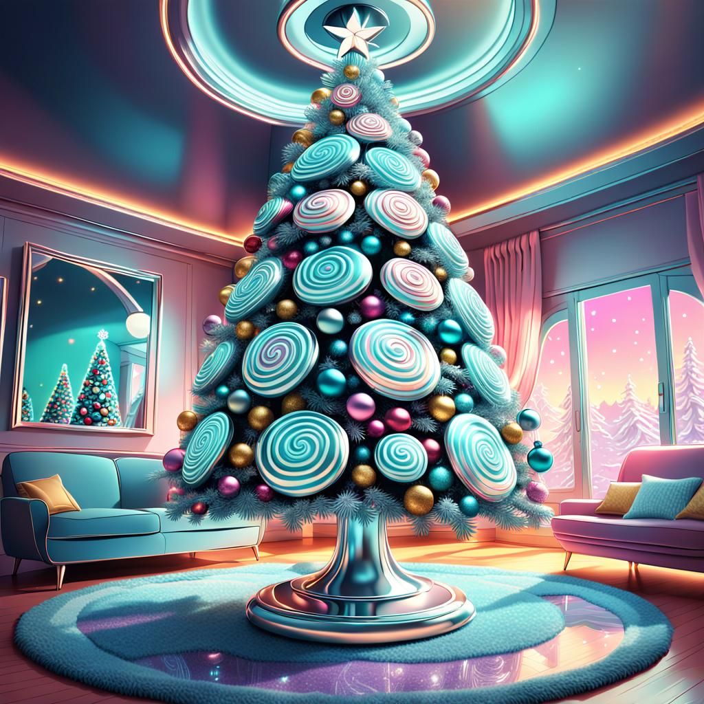 Vibrant Retro Futuristic Christmas Scene in Grandma's Living...