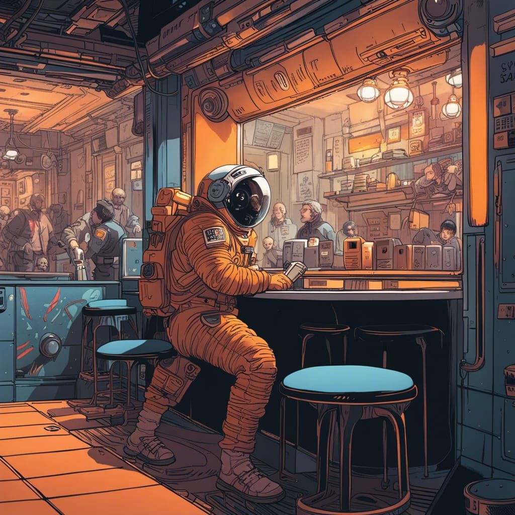 Astronaut at a Space Café in Comic Book Style