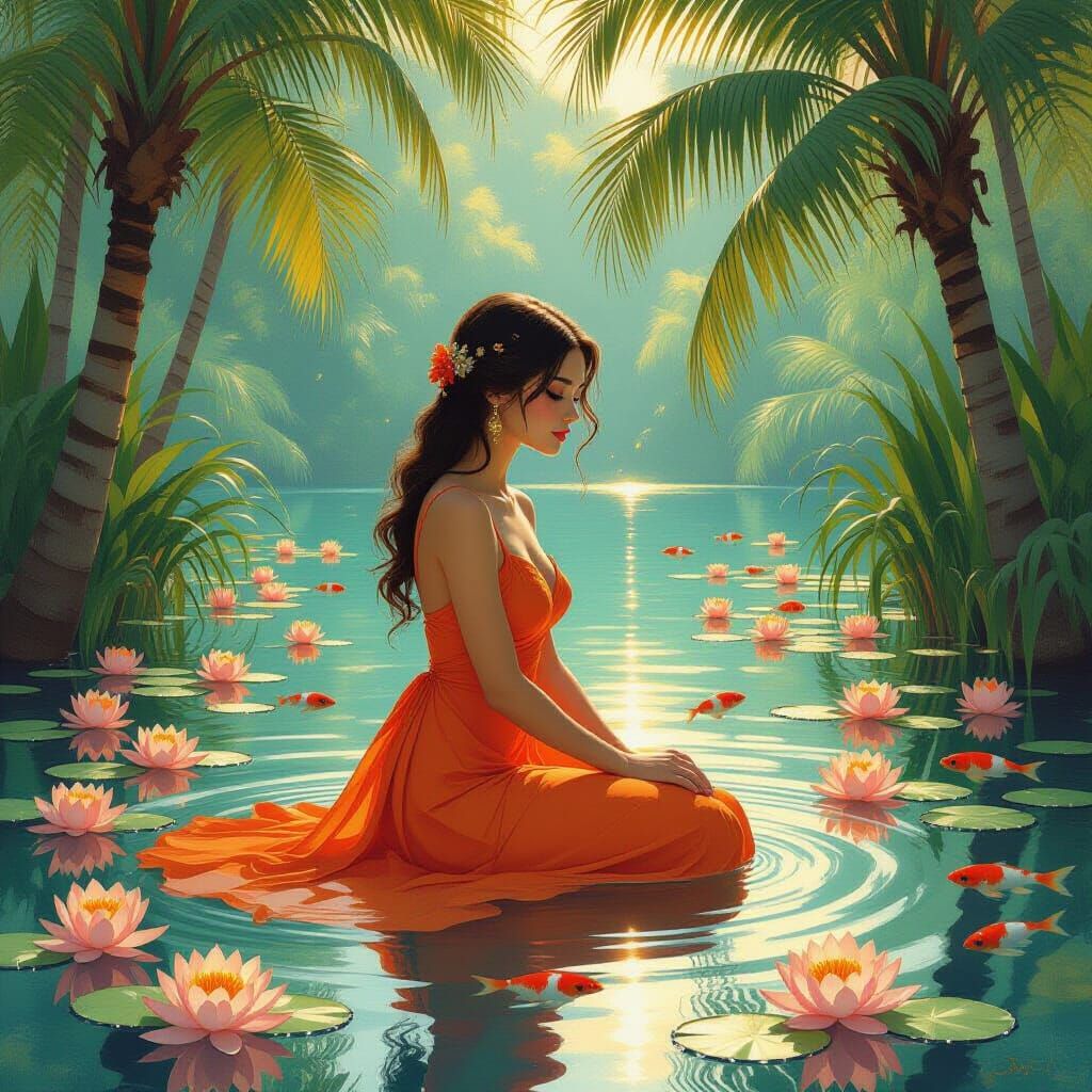 Woman in Lagoon with Koi Fish, Art Nouveau Style