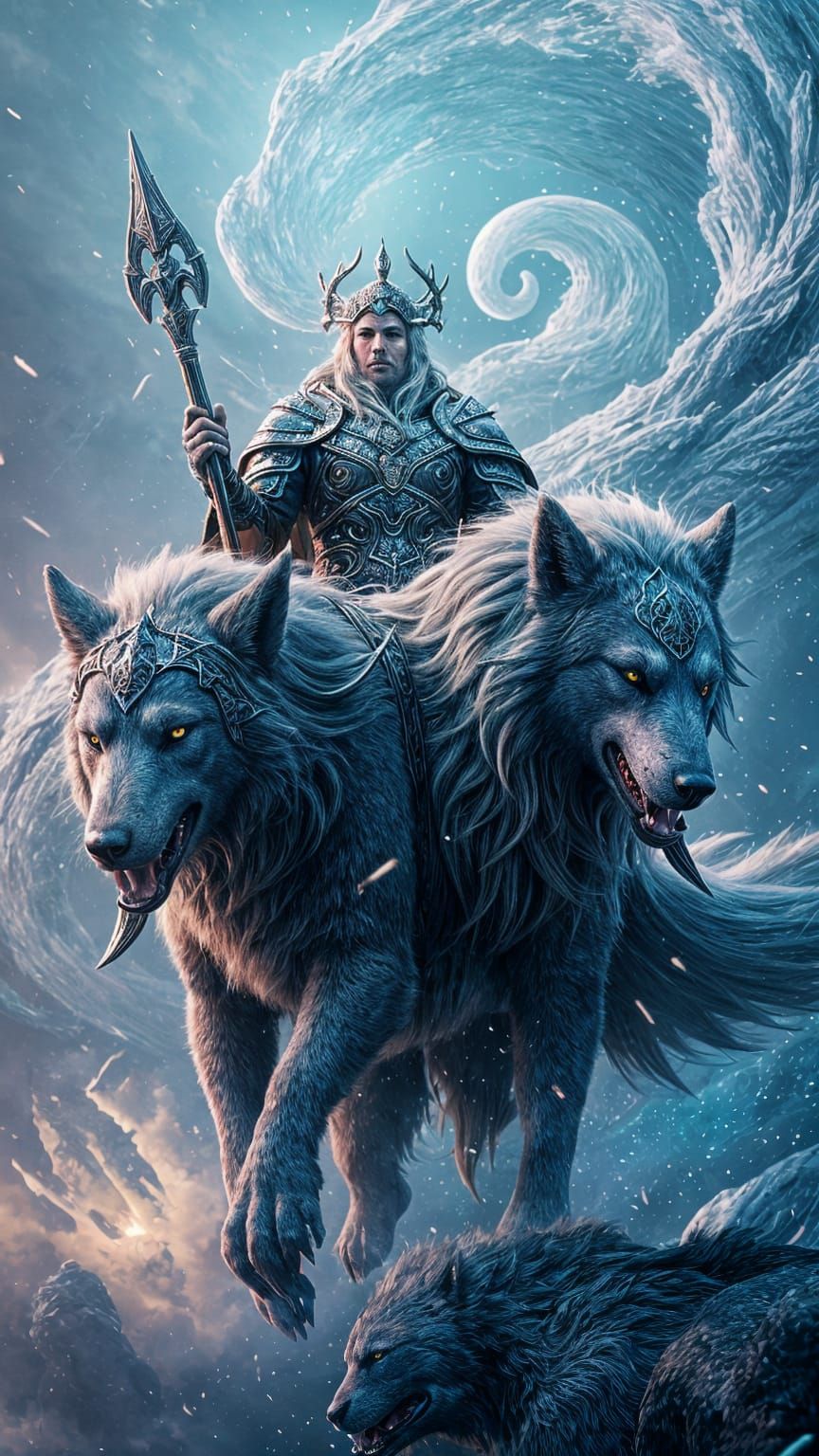 Futuristic King Odin Rides Fenrir in Mystic Realm