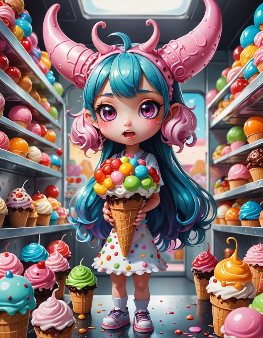 Ice Cream Anime Girl in Hyperrealistic Digital Painting