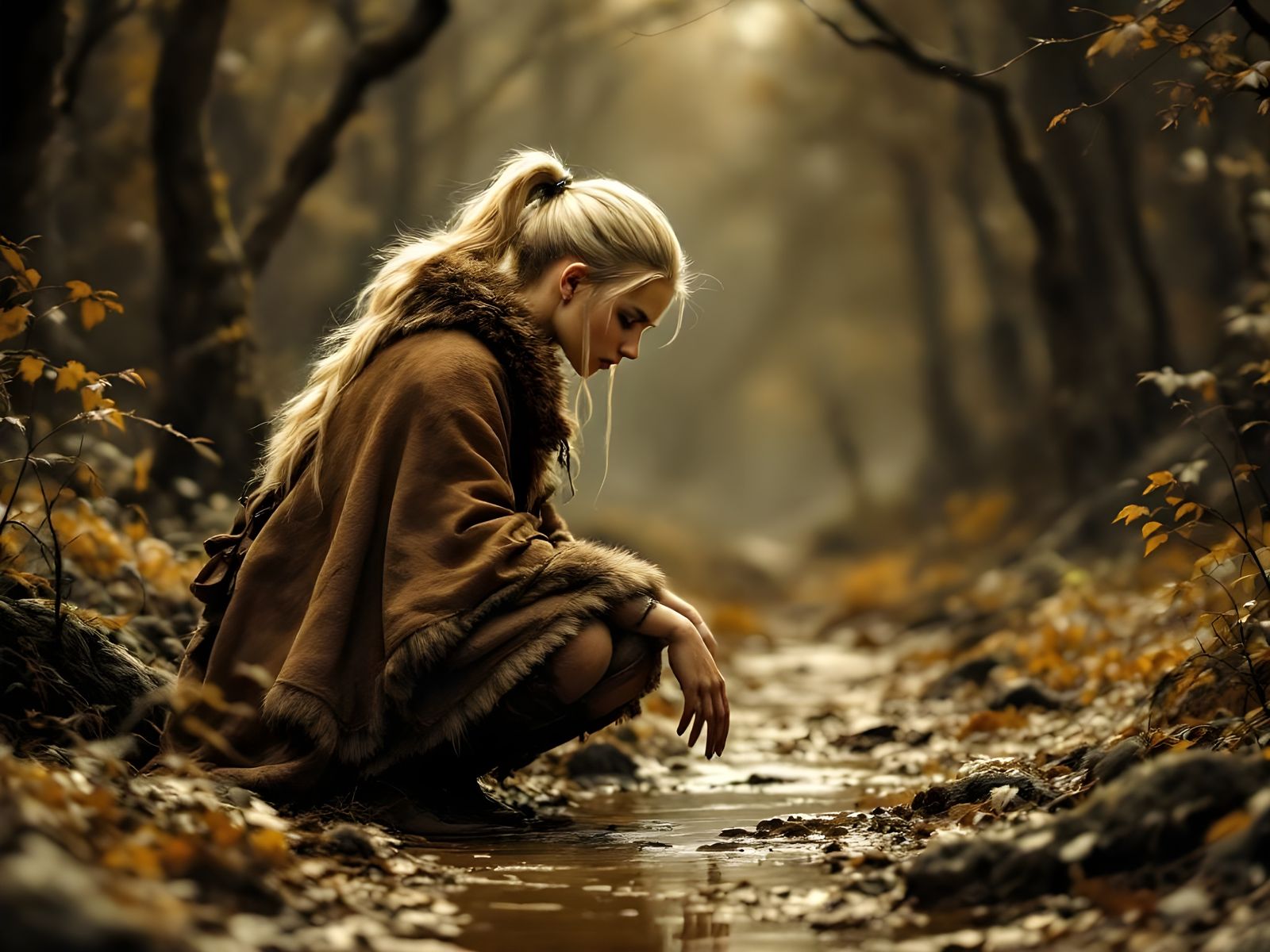 Norse Goddess Tracking Footprints in Ethereal Scene