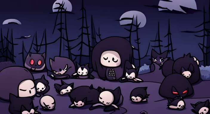 Spooky Anime Forest with Black Cats and Vultures