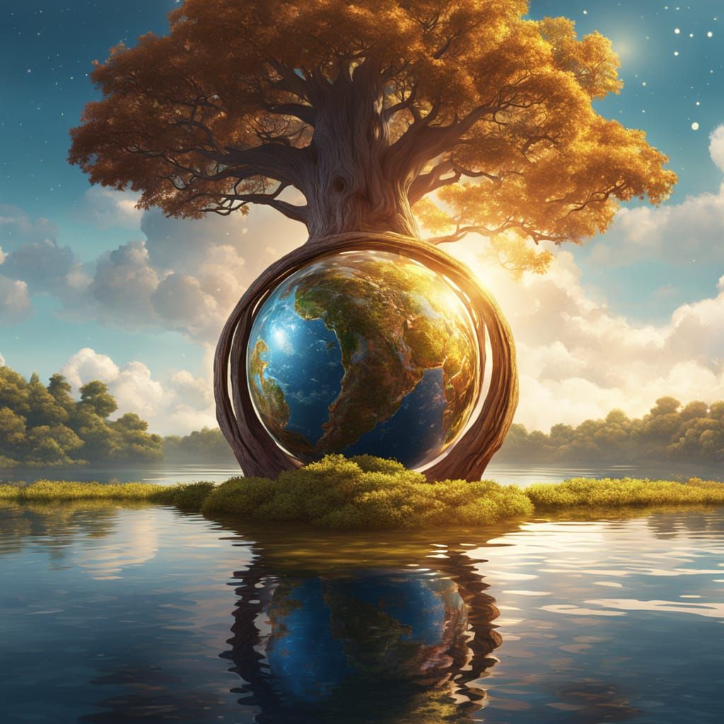 Majestic Tree Planet Rising Above Calm Lake