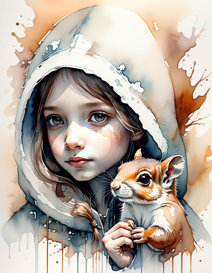Girl with Marble Squirrel: Watercolor Painting