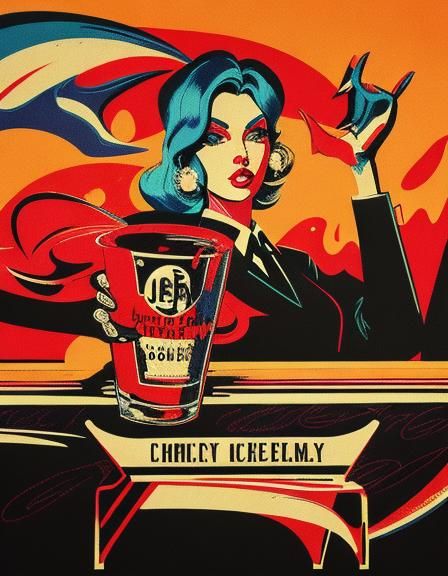 Retro Witches Under Cherry Moon: Mid-Century Modern Poster