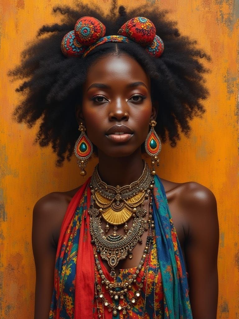 Confident African Woman in Vibrant Textiles and Earthy Setti...