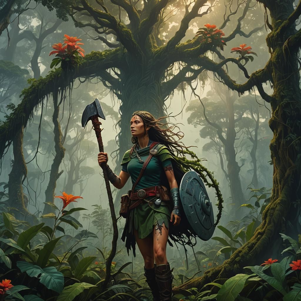 Amazonian Warrior in Lush Rainforest: Matte Painting
