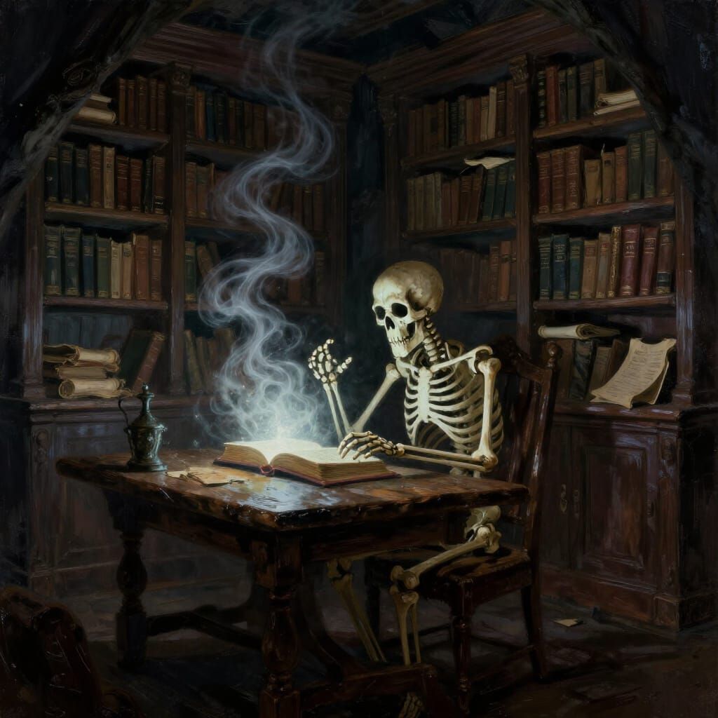 Skeleton Scholar in Ancient Library with Spectral Book
