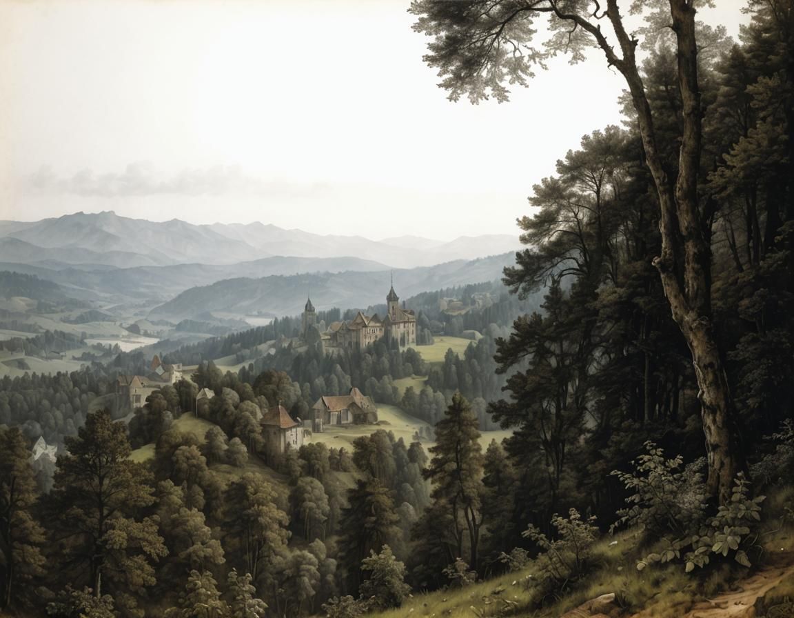 Hyperdetailed Charcoal Forest Drawing in Black and White