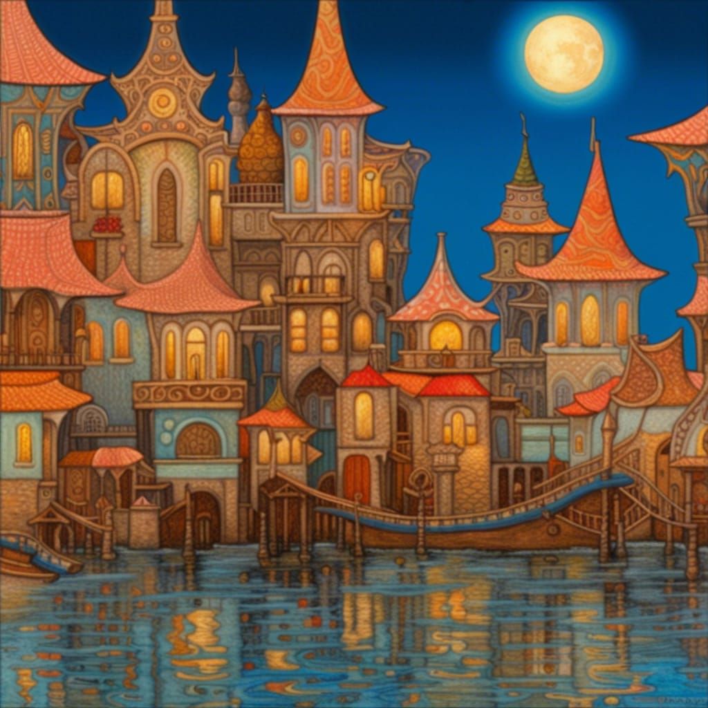 Dark Village Under Moon in Art Nouveau Style