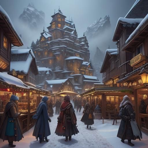 Festive Lantern Glow in Snowy Village Square