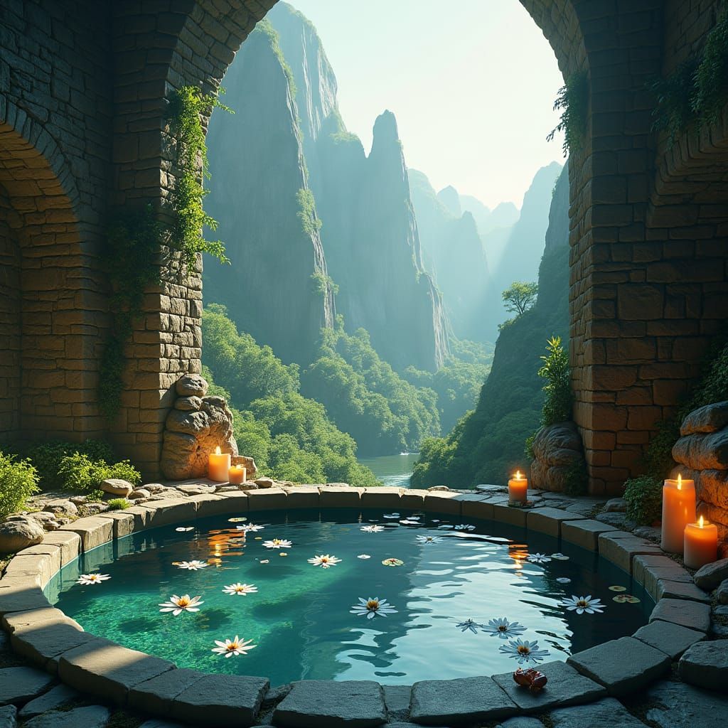 Medieval Spa in Emerald Valley: Fantasy Matte Painting