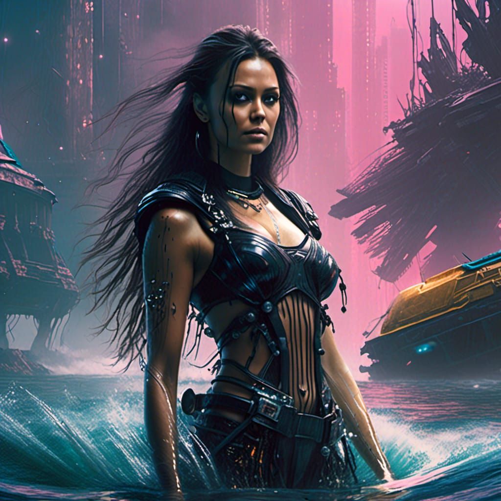 Cyberpunk Woman in Water: Aetherpunk Digital Art