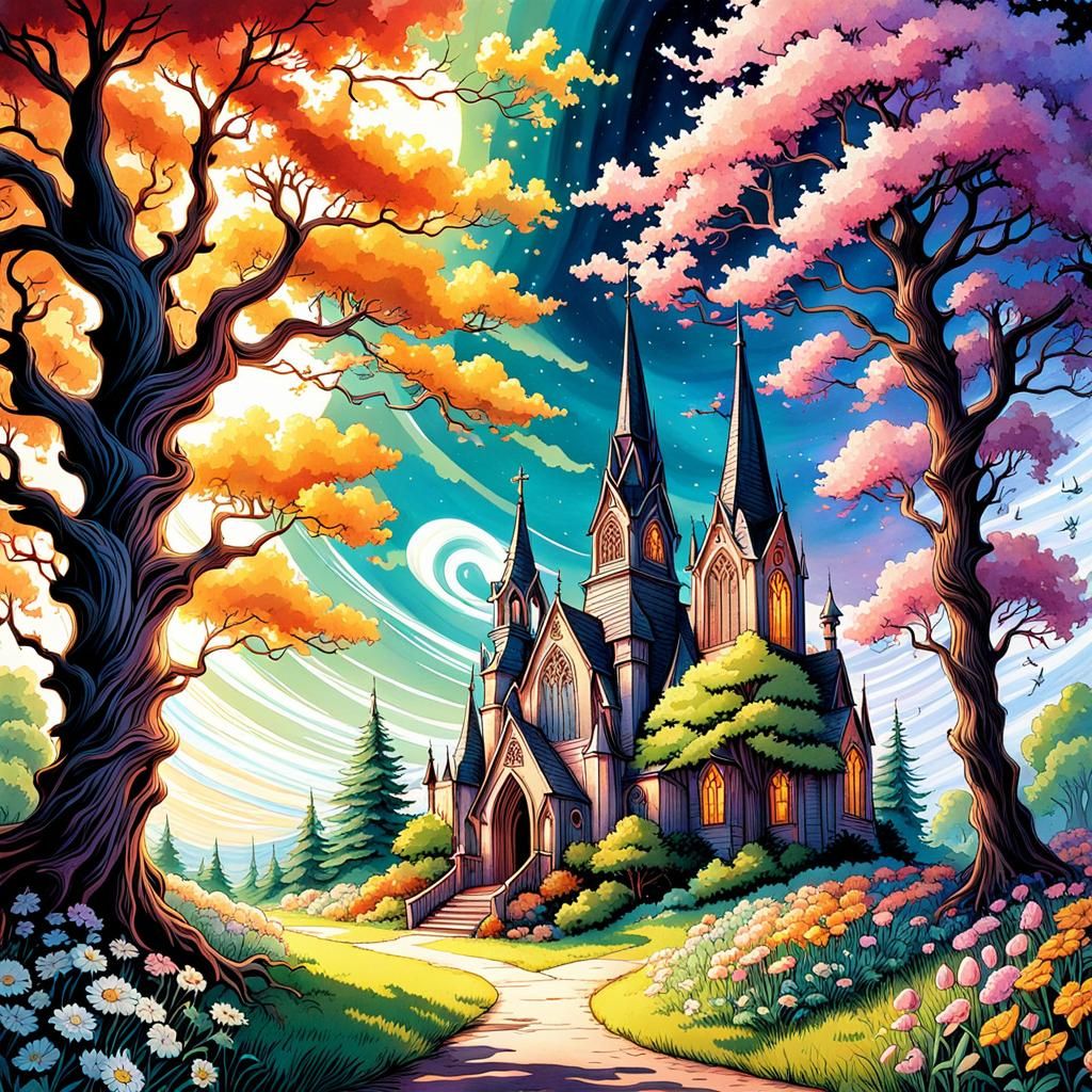 Enchanted Gothic Church in Summer Landscape, Watercolor Styl...